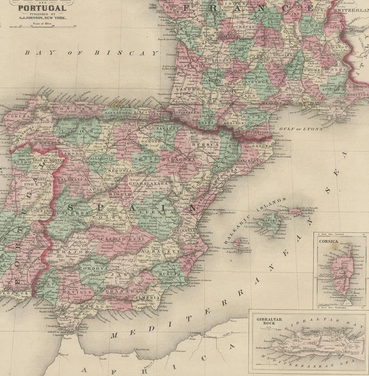 Antique Map of France, Spain and Portugal by Johnson, 1872