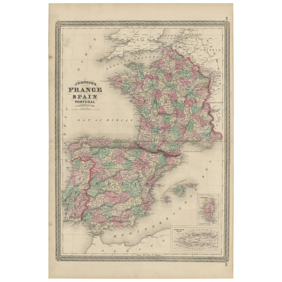 Antique Map of France, Spain and Portugal by Johnson, 1872