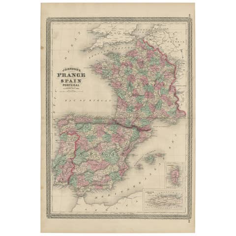 Antique Map of France, Spain and Portugal by Johnson, 1872