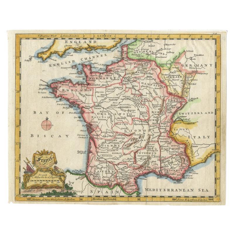 Antique Map of France with a Nice Cartouche of a Distance Scale, c.1756 For Sale
