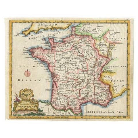 Antique Map of France with a Nice Cartouche of a Distance Scale, c.1756
