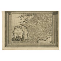 Antique Map of France with Beautiful Title Cartouche and Border, c.1740