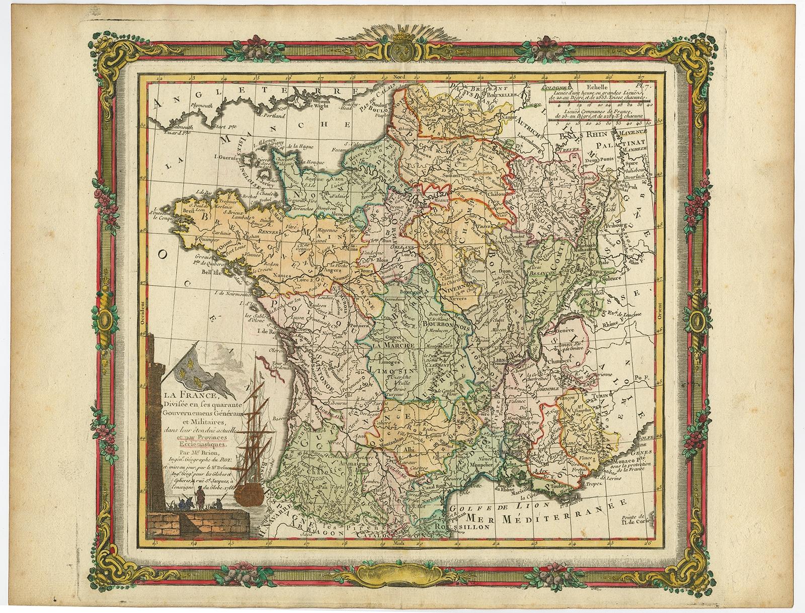 Antique map titled 'La France, divisée en ses quarante Gouvernemens Généraux.' Attractive map of France by Brion de la Tour, published by Desnos. The decorative border was printed from a separate copper plate. Source unknown, to be