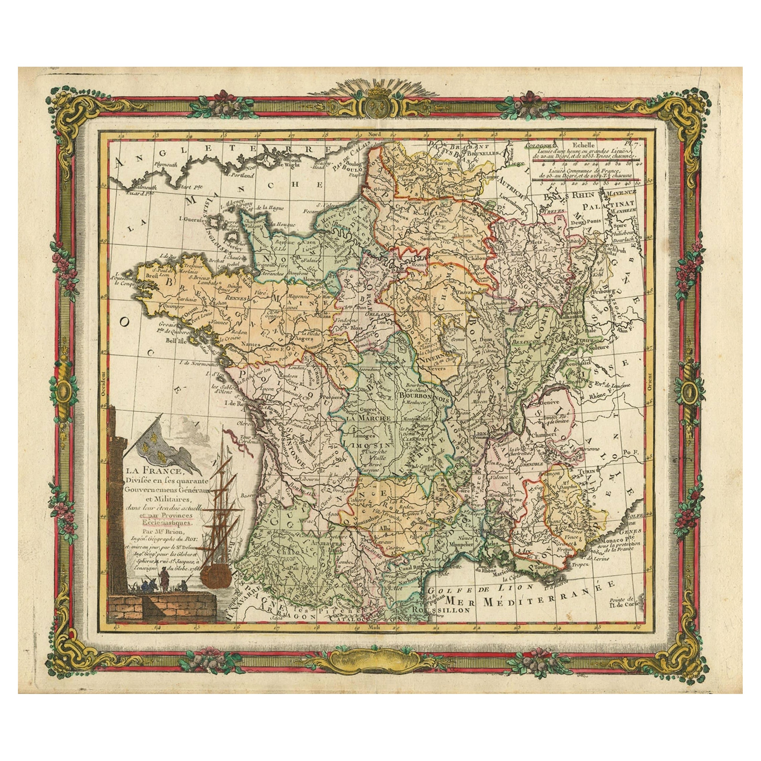 Carte ancienne de la France avec bordure décorative, 1766