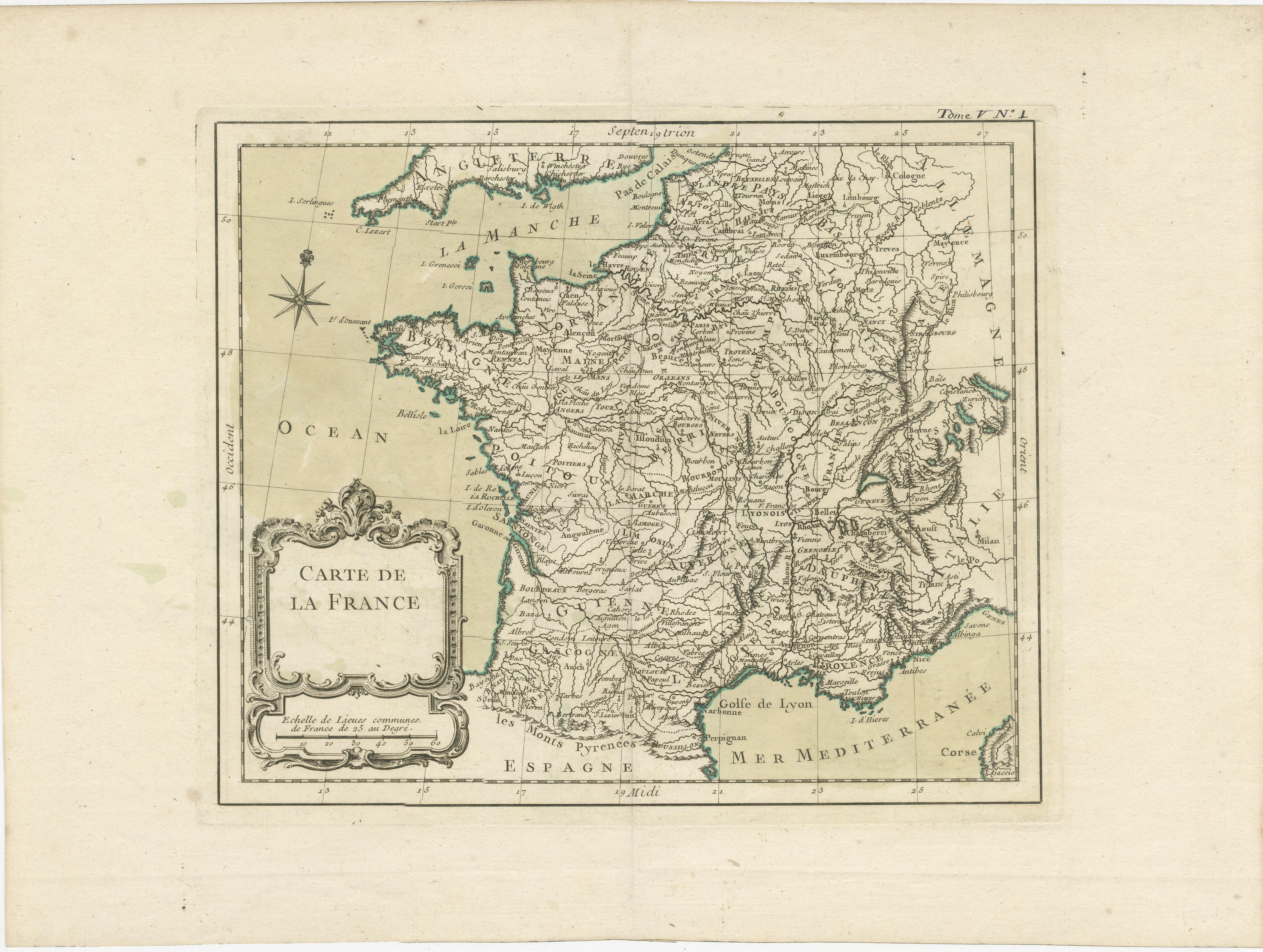 Antique map titled 'Carte de la France'. Original old map of France. This map originates from 'Le Petit Atlas Maritime Recueil De Cartes et Plans Des Quatre Parties Du Monde (..) by J. N. Bellin. Published 1764.