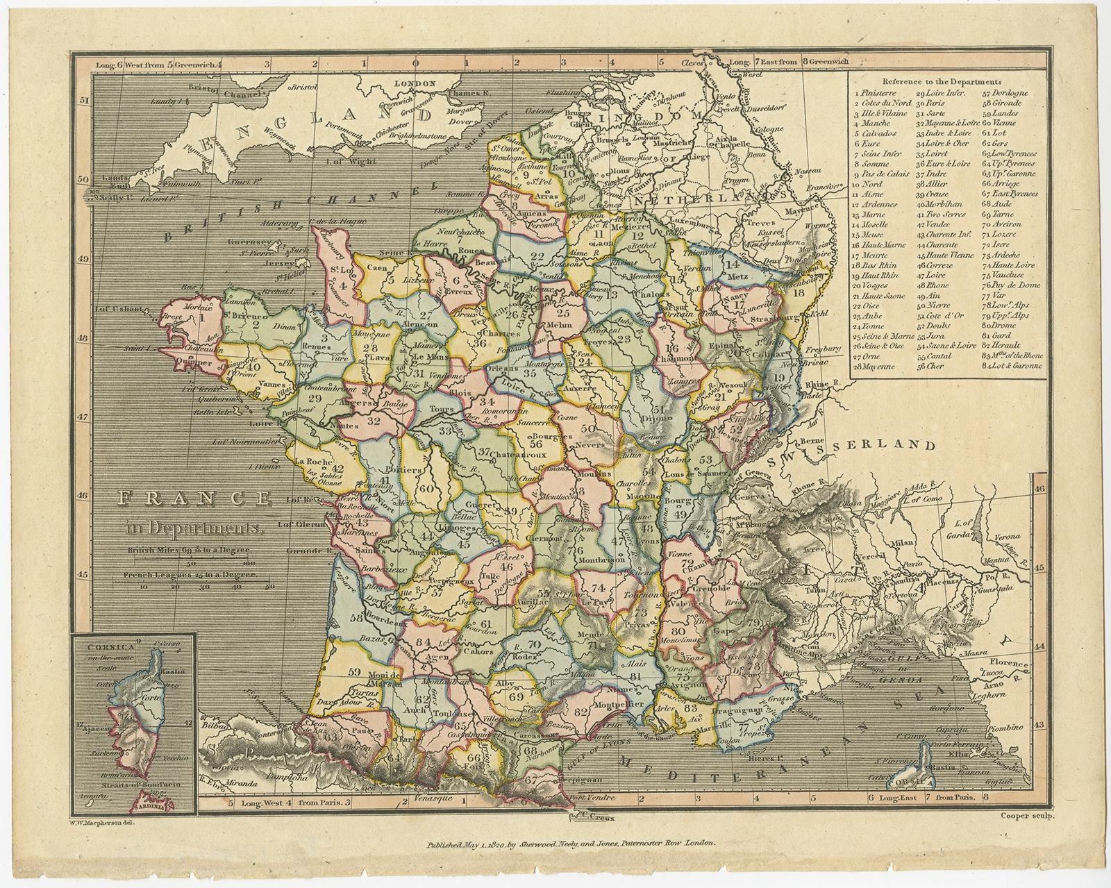 Antique map titled 'France in Departments'. Old map of France, with small inset map of the island of Corsica. Includes a table with reference to the departments. 

Artists and Engravers: Engraved by Cooper. Published by Sherwood, Neely and