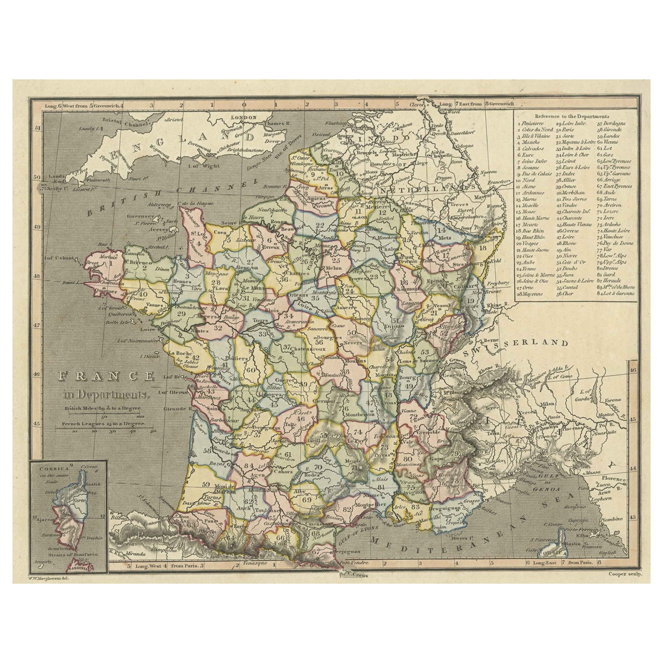 Mapa Antiguo de Francia con Mapa Inserto de la Isla de Córcega, 1820
