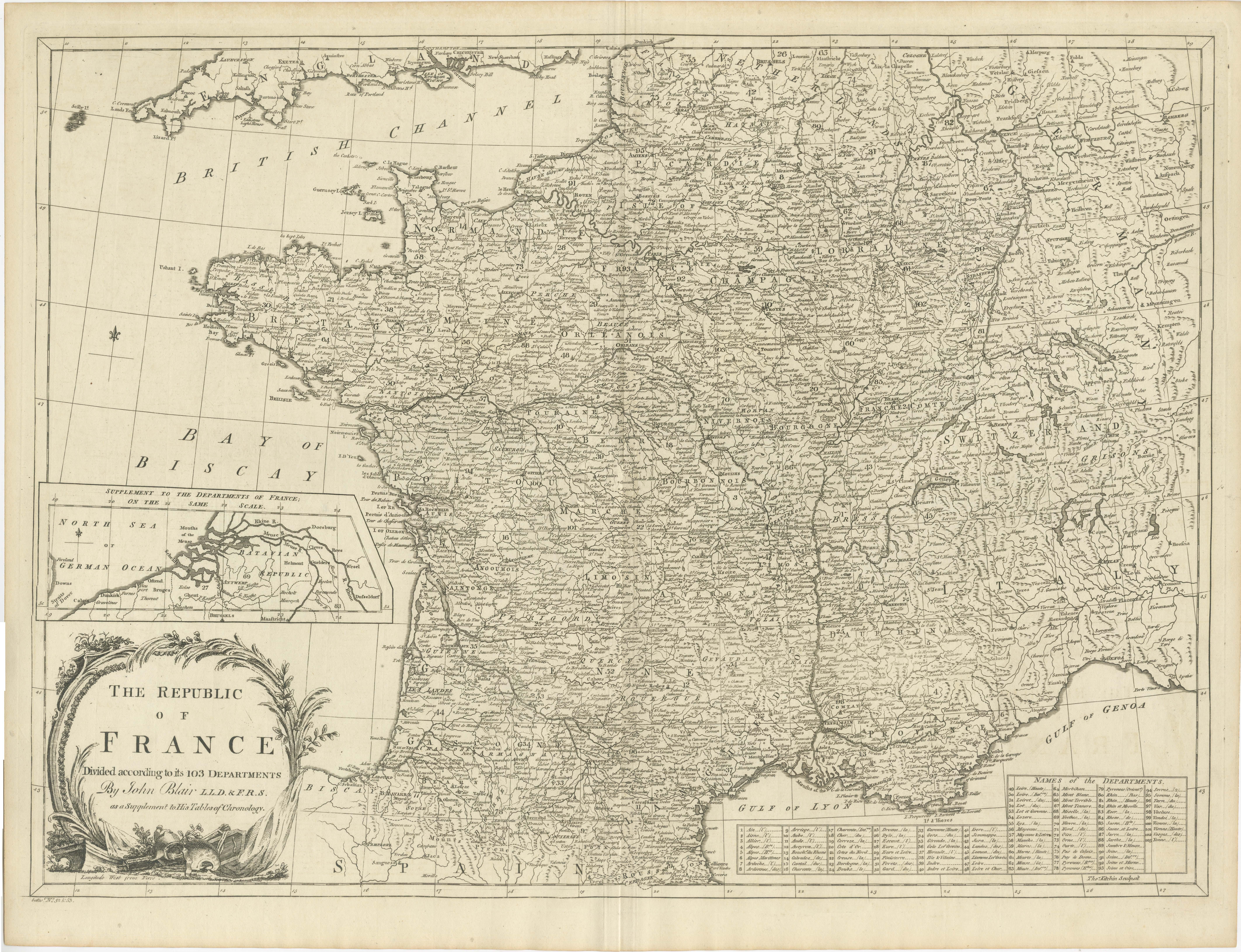 Antique map titled 'The Republic of France divided according to its 103 Departments'. Decorative map of France. Includes a large cartouche and an inset, showing the northern Departments. Engraved by T. Kitchin, drawn by John Blair. Published circa