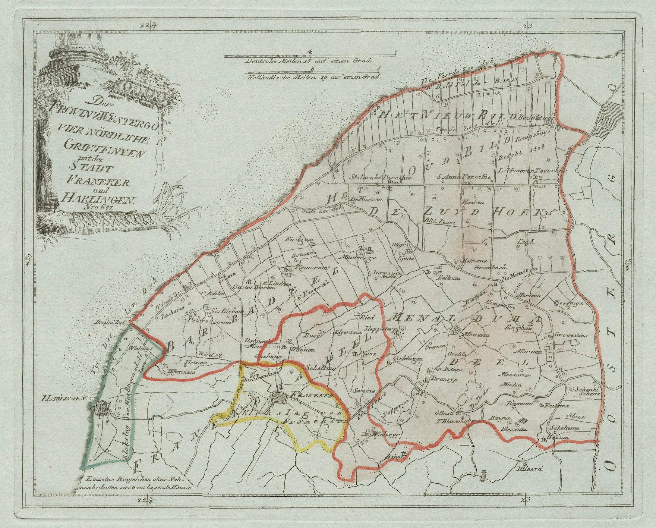 Gravé Carte ancienne de Franeker et Harlingen, Frise par von Reilly, 1791 en vente