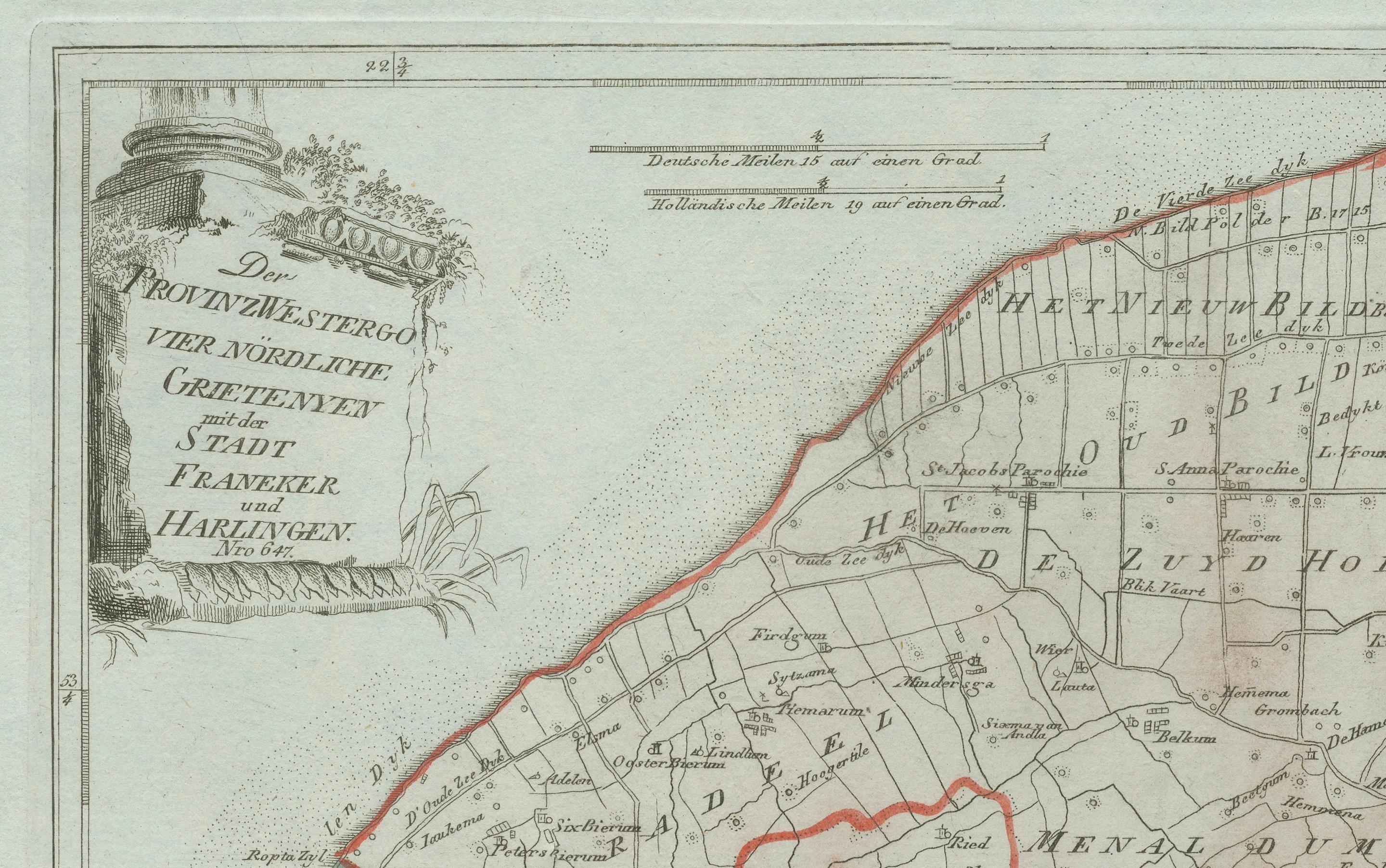 Carte ancienne de Franeker et Harlingen, Frise par von Reilly, 1791 Bon état - En vente à Langweer, NL