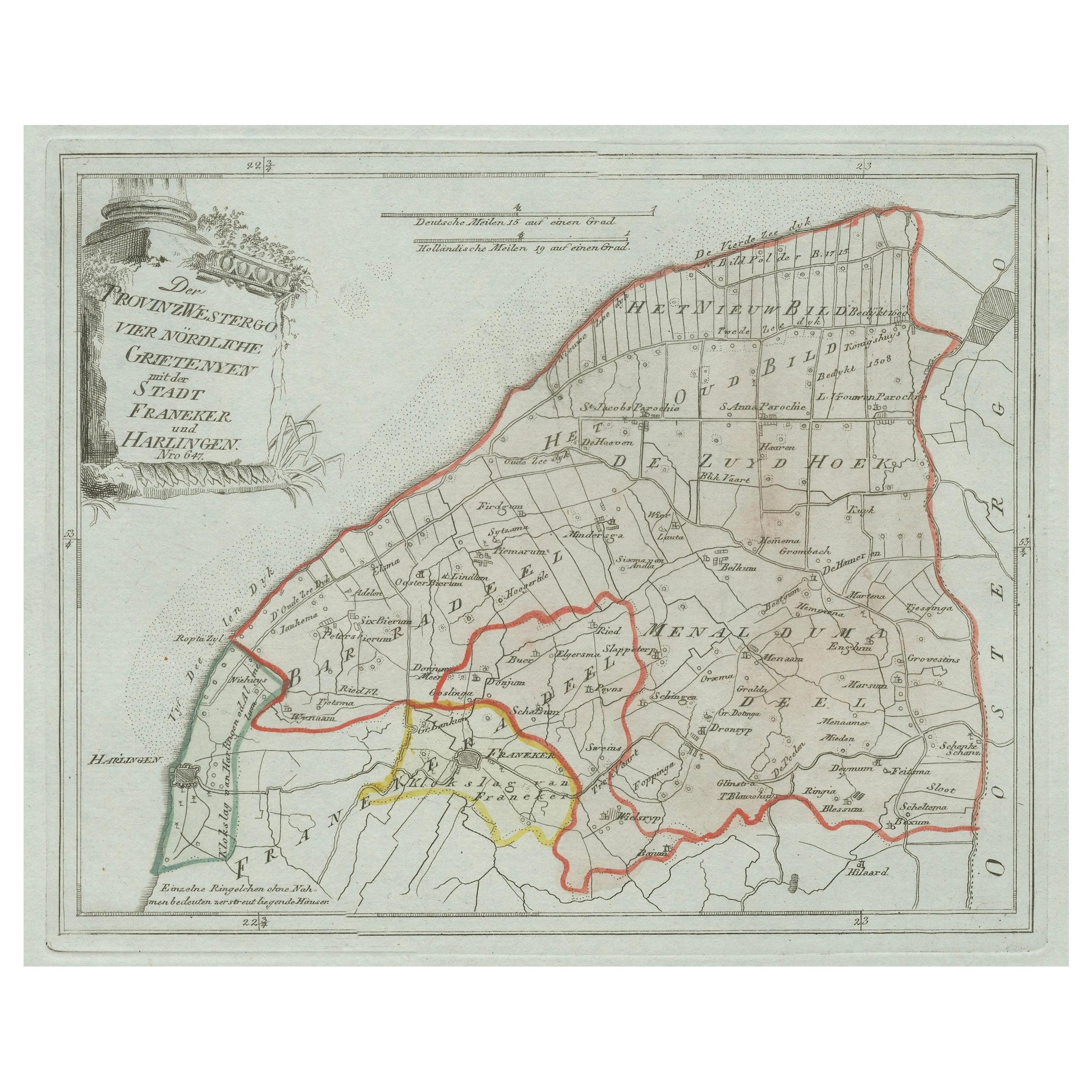 Carte ancienne de Franeker et Harlingen, Frise par von Reilly, 1791