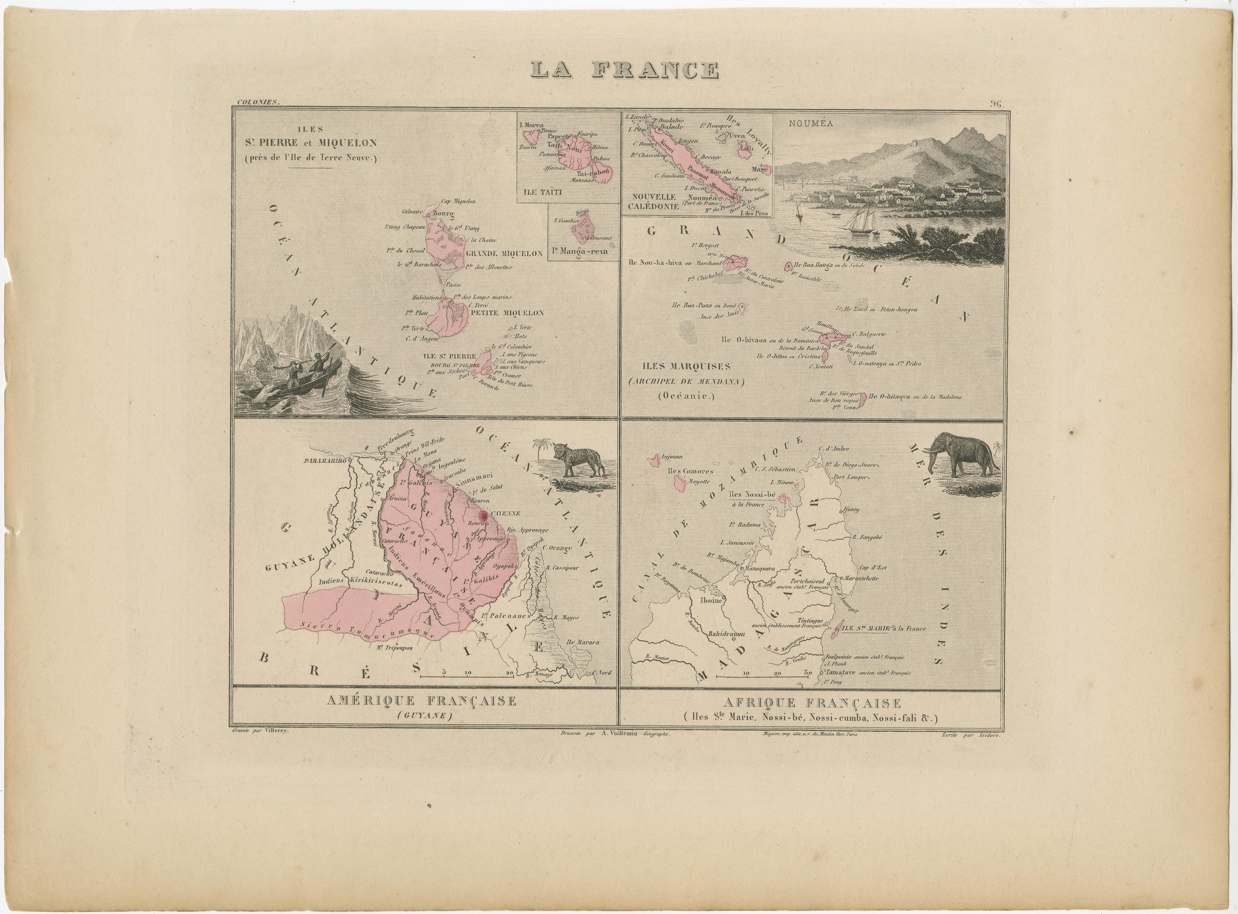 Title: Antique Map of French Colonies – La France, 19th Century  

Description:  This antique 19th-century map, titled La France, presents a detailed depiction of France’s overseas colonies, including territories in the Americas, Africa, and