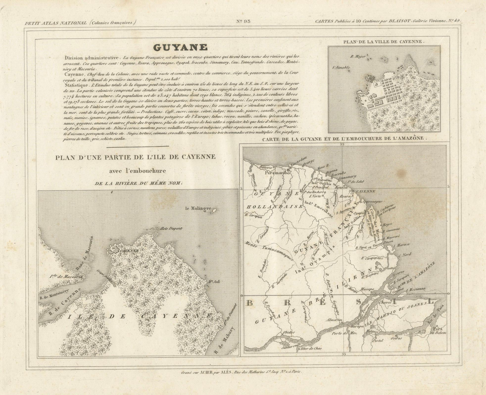 Carte ancienne de la Guyane française et de Cayenne - Circa 1835  

Cette rare carte de la Guyane française du XIXe siècle, publiée vers 1835, offre une vue d'ensemble détaillée de la région, y compris de la ville de Cayenne et de ses environs. Elle