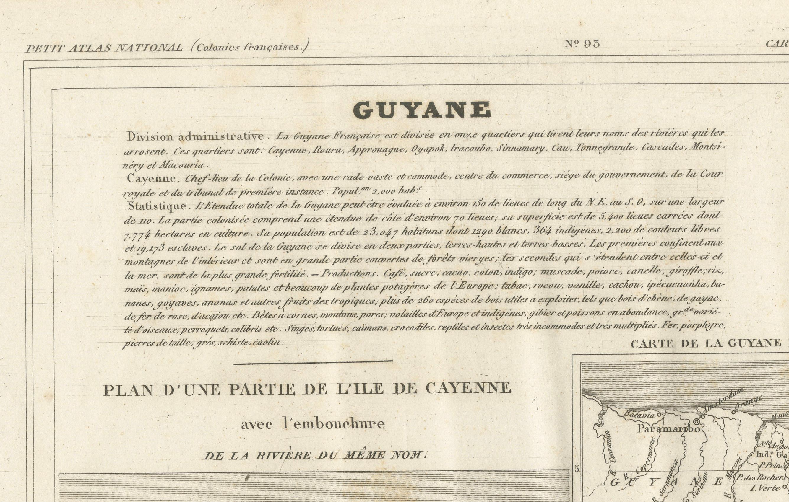 Carte ancienne de la Guyane française et de Cayenne - Circa 1835 Bon état - En vente à Langweer, NL