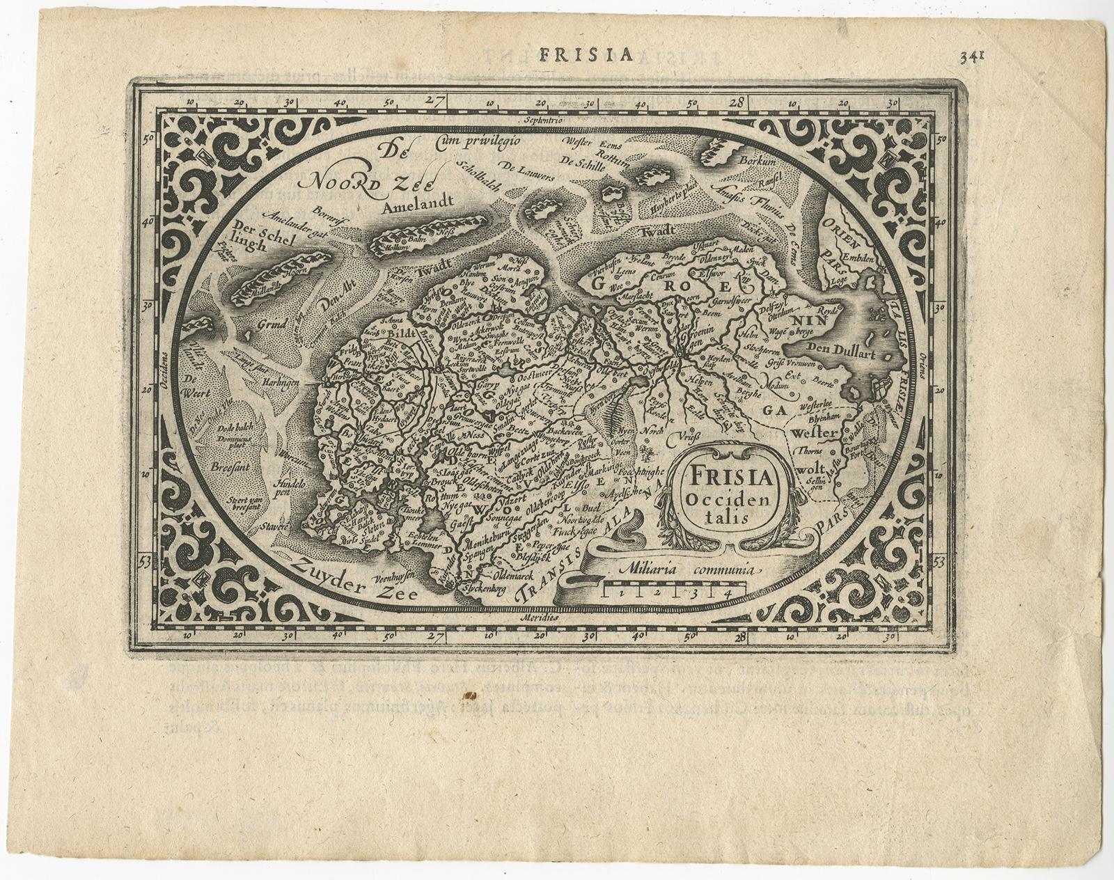 Antique map Friesland titled 'Frisia Occidentalis'. Small, decorative map of the province of Friesland, the Netherlands. Second state, out of three, originating from 'Atlas Minor' by J. Janssonius. 

Artist: Engraved by A. Goos.

Condition: