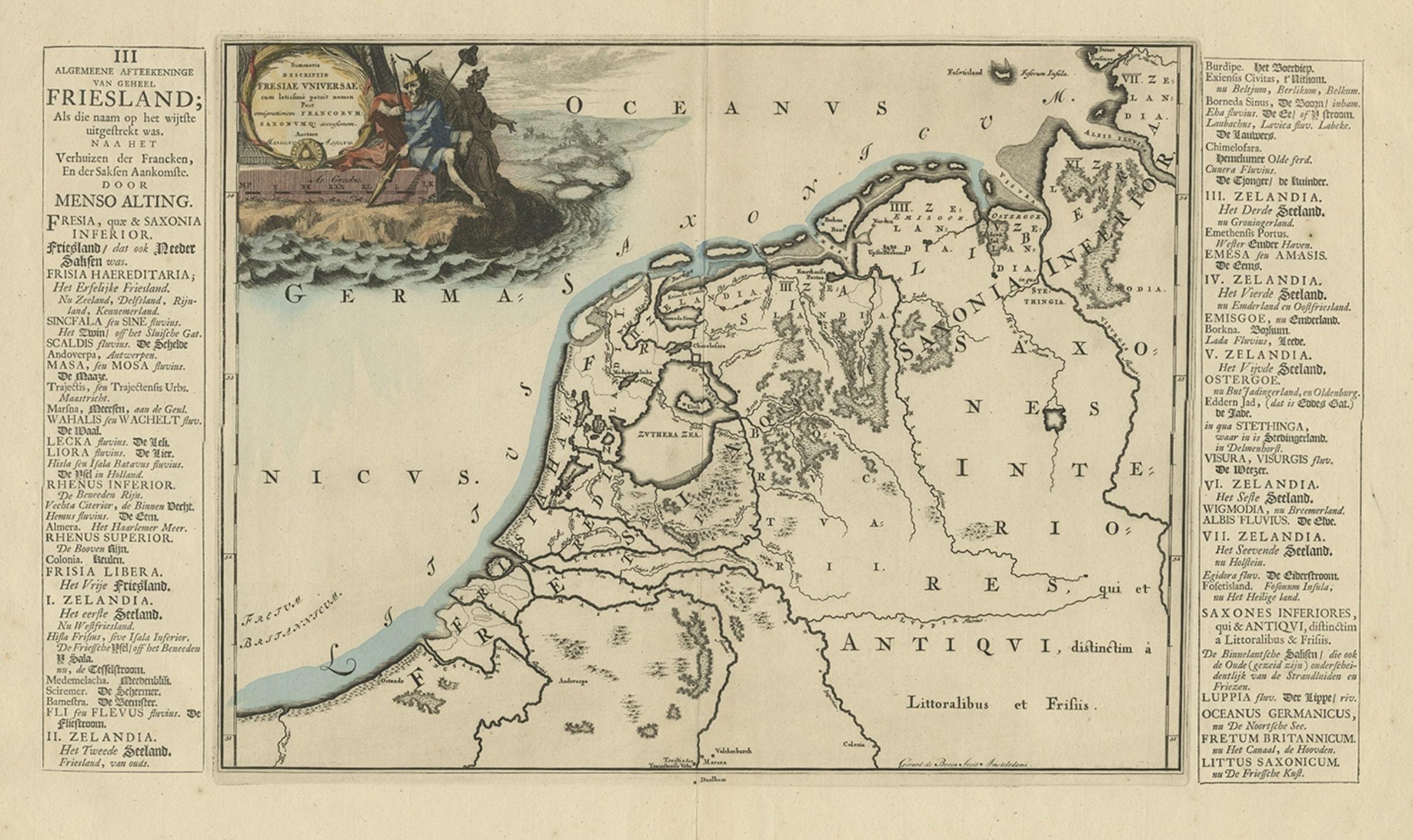 Antique map Friesland titled 'Summaria descriptio Fresiae Universae (..)'. 

Old map of Friesland, the Netherlands. Depicts the general delineation of Friesland during its widest spread after the Franks left and the Saxens came. Originates from