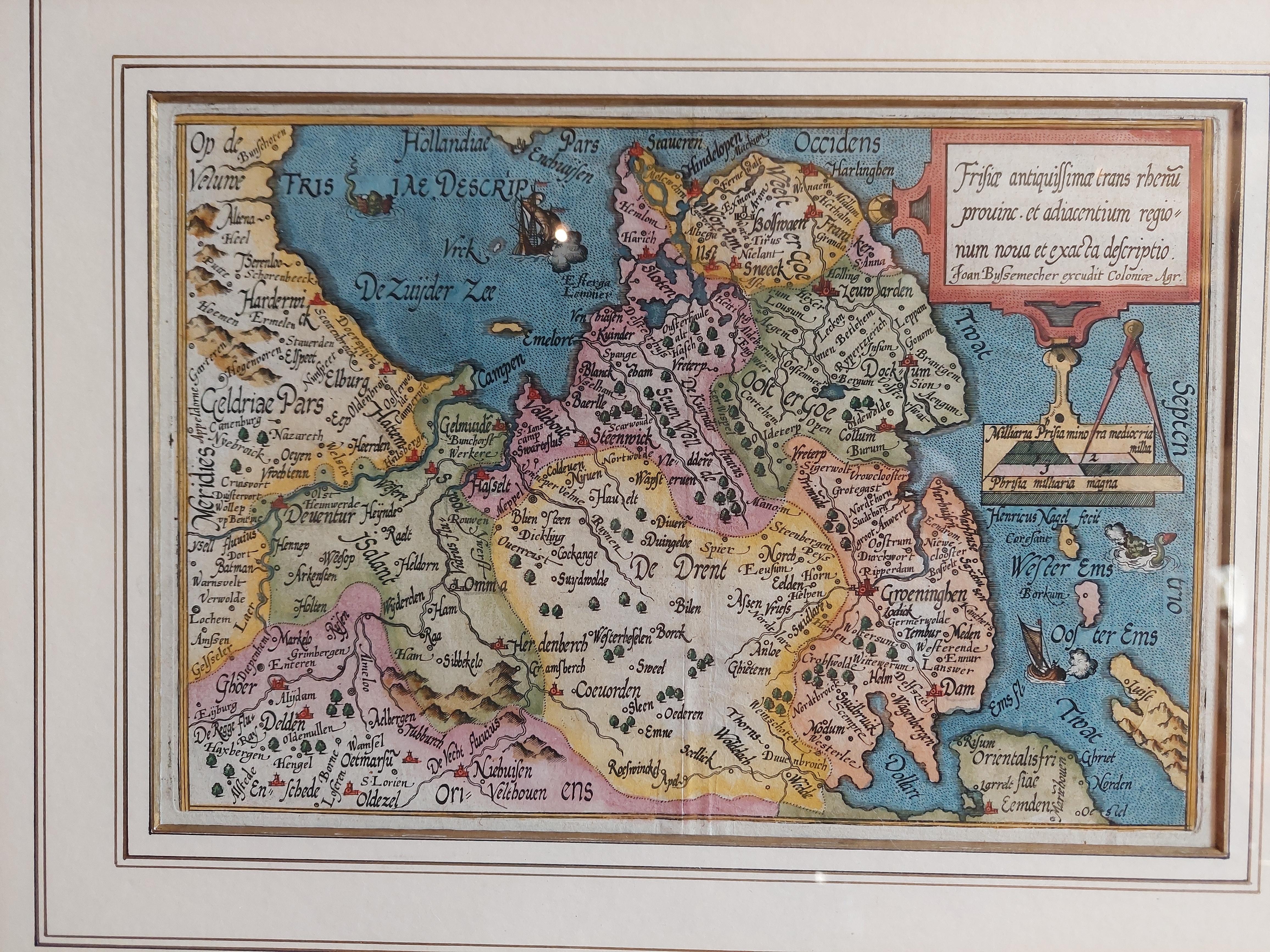 Original antique map titled 'Frisiae Antiquissimae (..)'. Original antique map of Friesland. Published by J. Bussemacher, circa 1592. Artists and Engravers: Bussemacher was active as an engraver, printer and art dealer in Cologne from about 1580 to