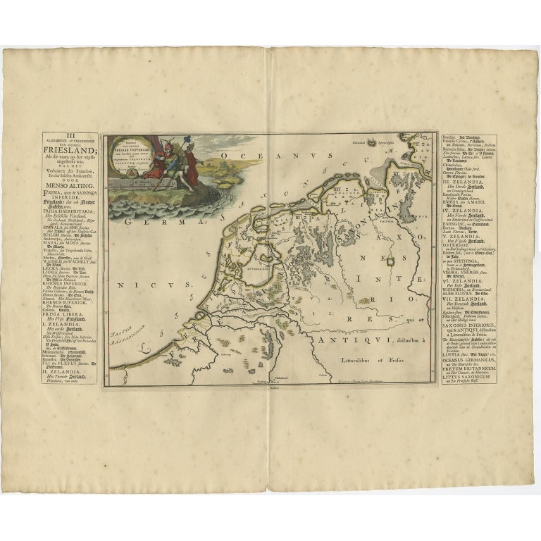 Antique map Friesland titled 'Summaria descriptio Fresiae Universae (..)'. Old map of Friesland, the Netherlands. Depicts the general delineation of Friesland during its widest spread after the Franks left and the Saxens came. Originates from