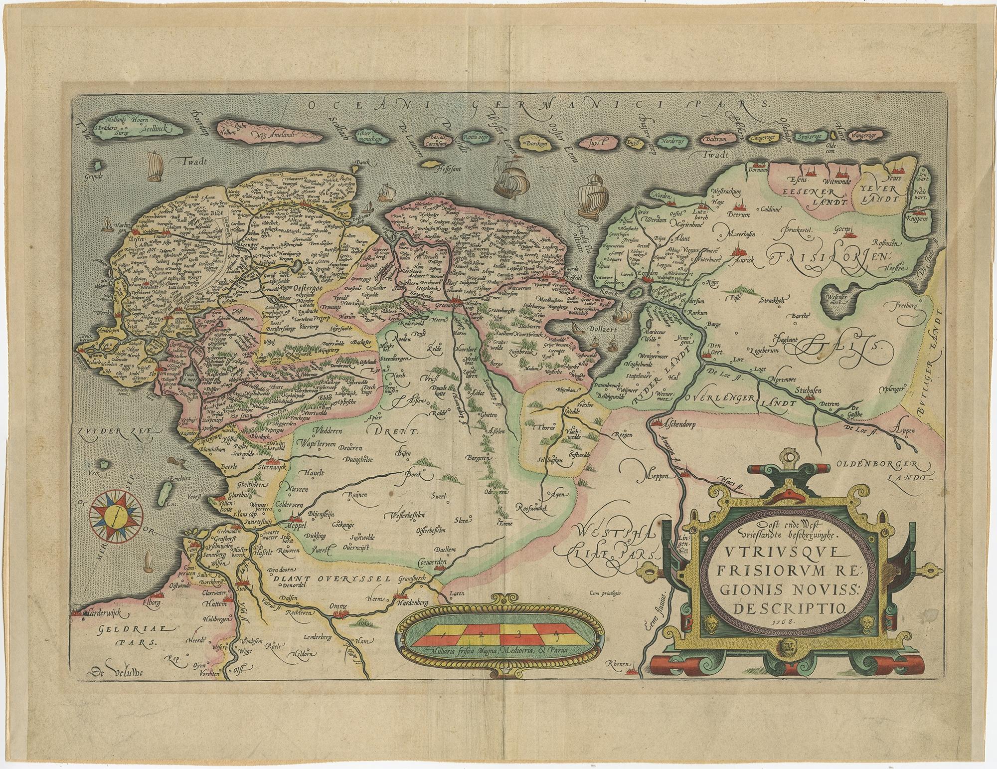 Antique map titled 'Oost end West Vrieslandts beschrijvinghe. Utriusque Frisiorum Regionis Noviss: Descriptio. 1568.' Detailed map of Friesland, the Netherlands. Includes a larger compass rose, sailing ships and an elaborate cartouche. Second state.