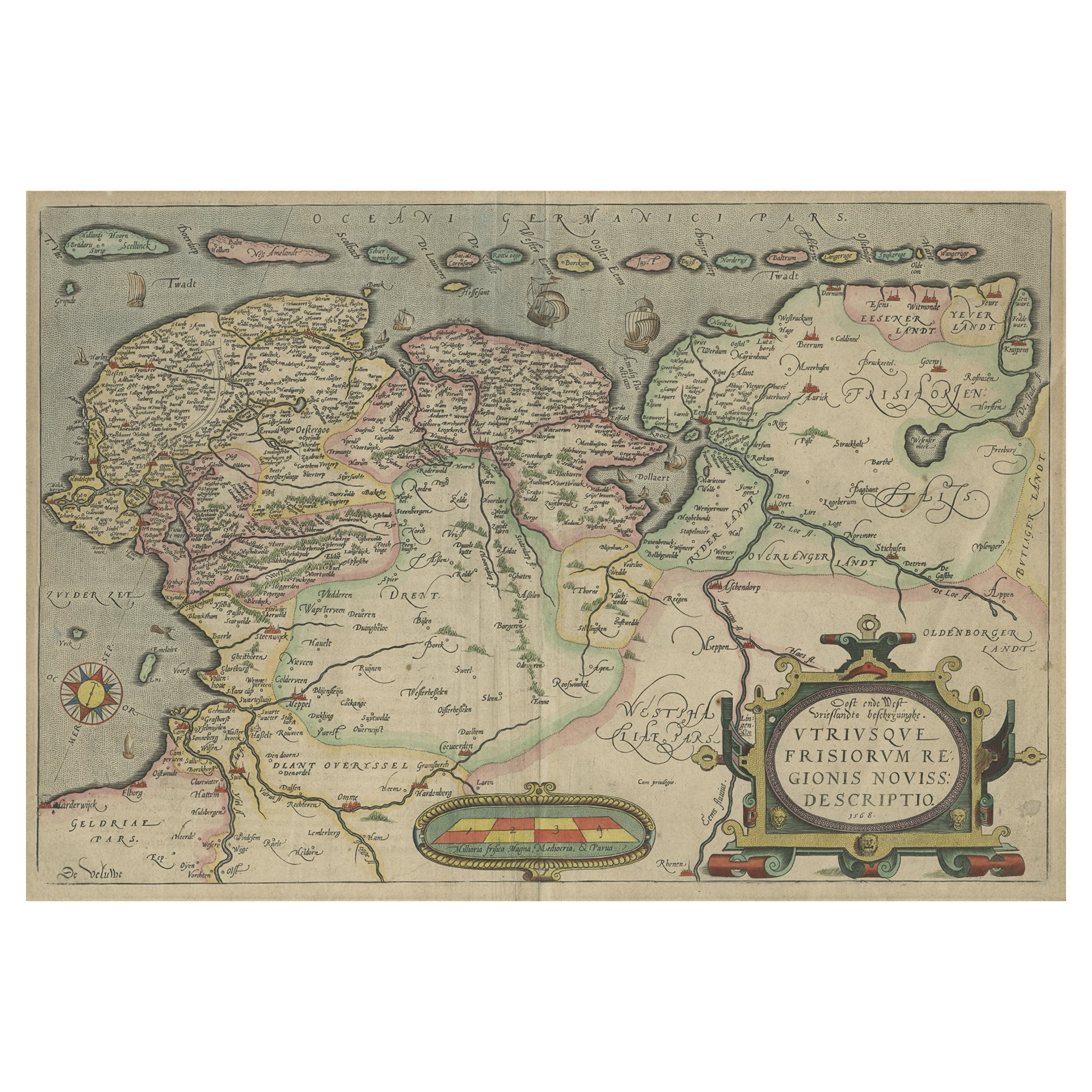 Mapa antiguo de Frisia, Groninga y Frisia oriental alemana de Ortelius, 1603