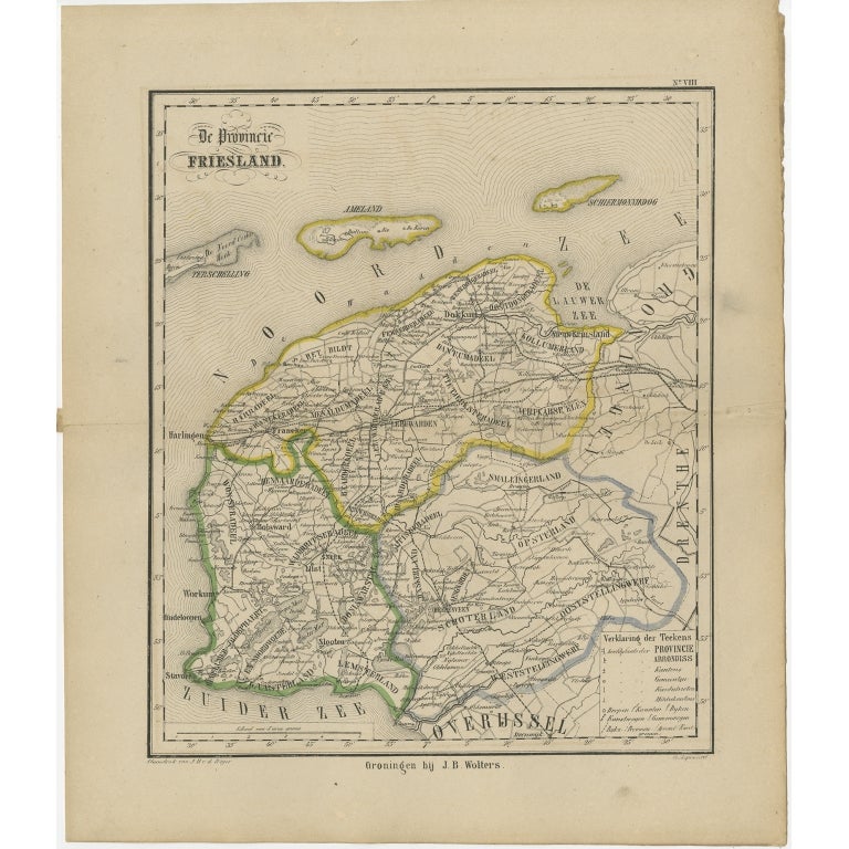 Antique map titled 'De Provincie Friesland'. Map of the province of Friesland, the Netherlands. This map originates from 'F. C. Brugsma's Atlas van het Koninkrijk der Nederlanden (..)'. 

Artist: Author: Frederik Carel Brugsma. Published by J.B.