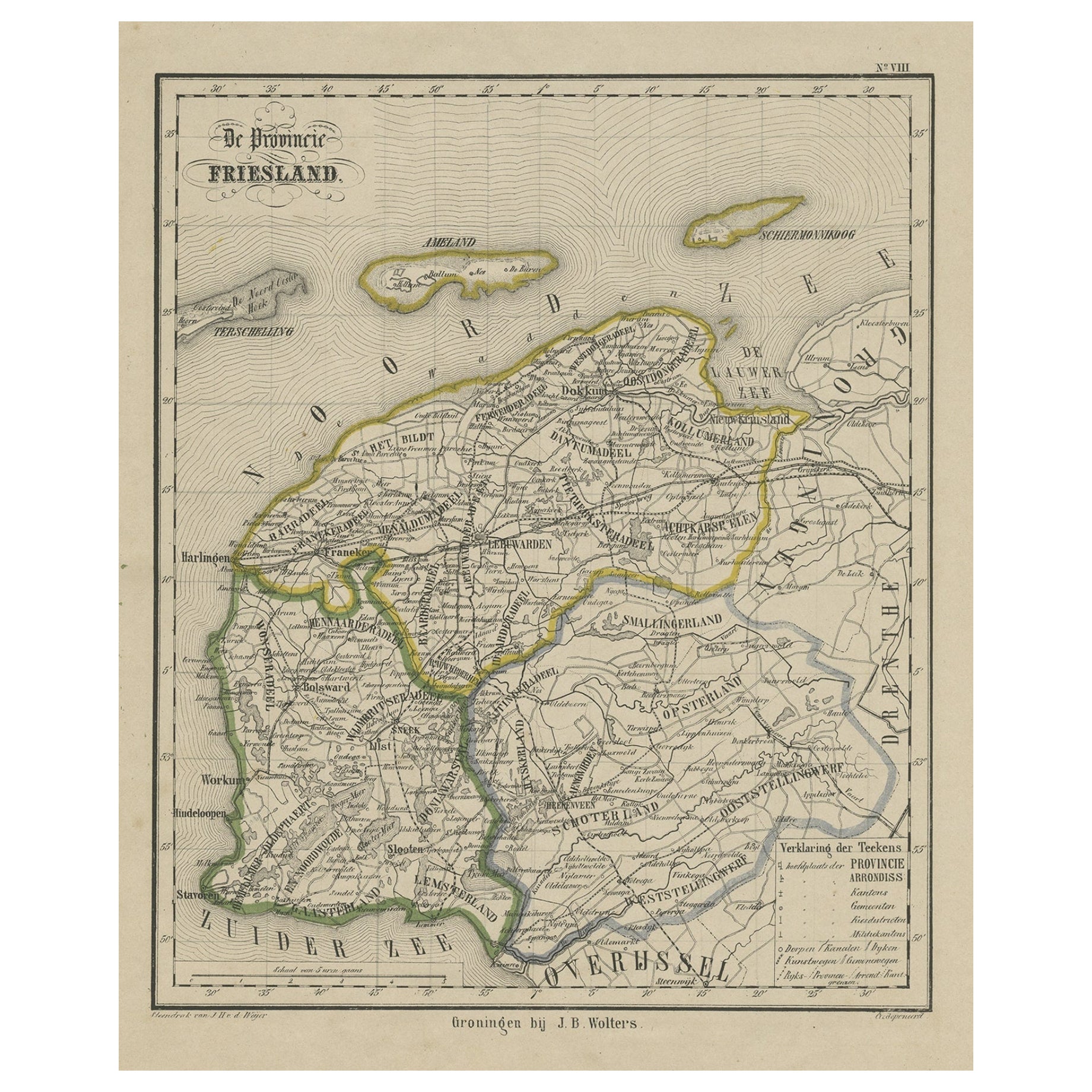 Mappa antica della Frisia, provincia dei Paesi Bassi, 1864
