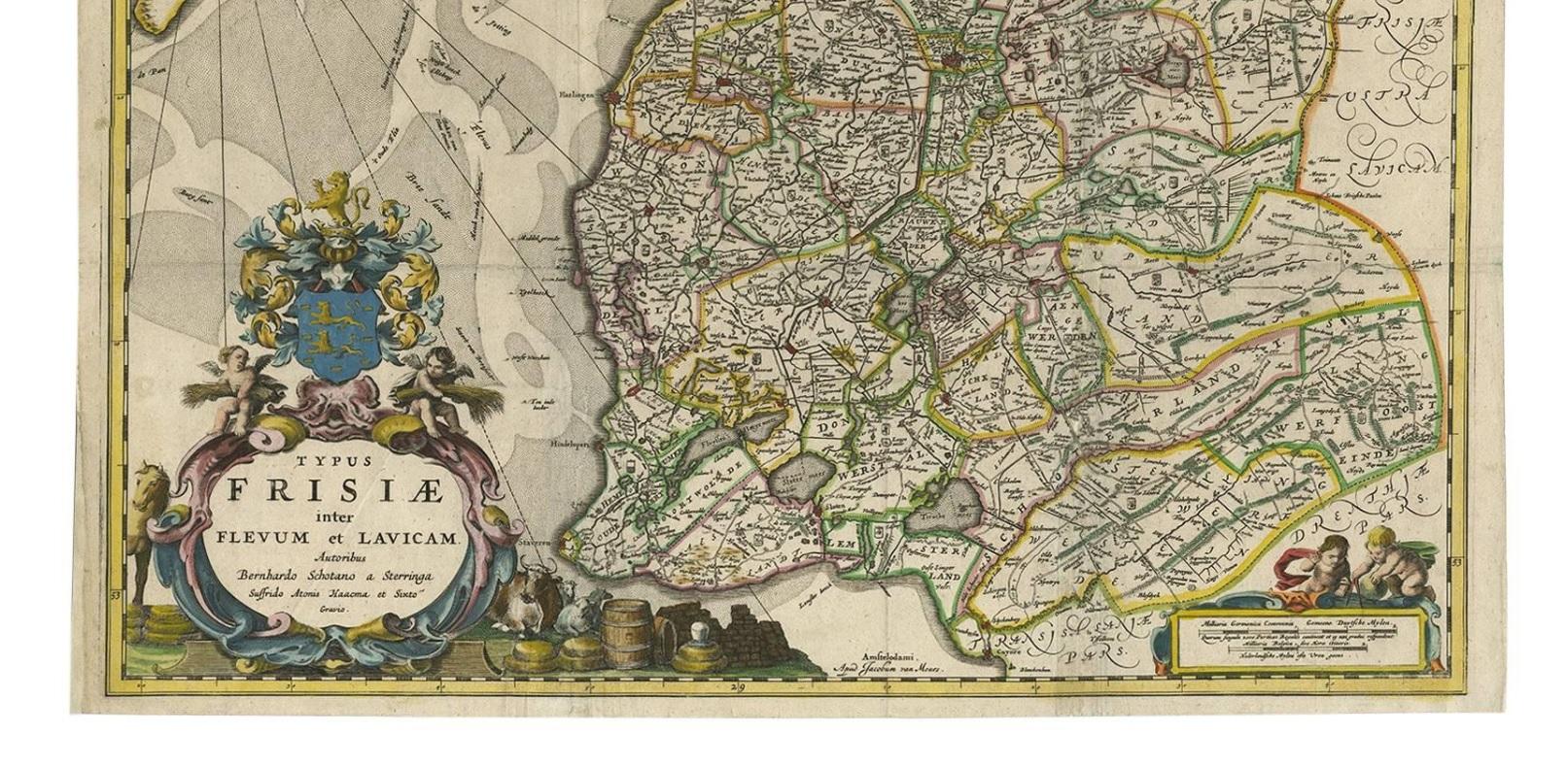 Hand-colored map of the Dutch province Friesland. Also shows the Wadden islands Vlieland, Terschelling and Ameland and a part of Schiermonnikoog. With a decorative cartouche with two putti, livestock and cheese and milk barrels. Four coats of arms
