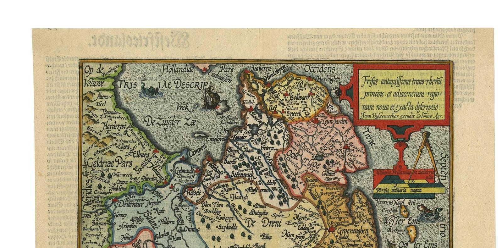 Beautiful hand-colored engraving of the province Friesland (The Netherlands). This map originates from the Atlas 'Europae totius orbis terrarium partis praestantissimae, universalis et particularis descriptio' by M. Quad/J. Bussemacher (1596).