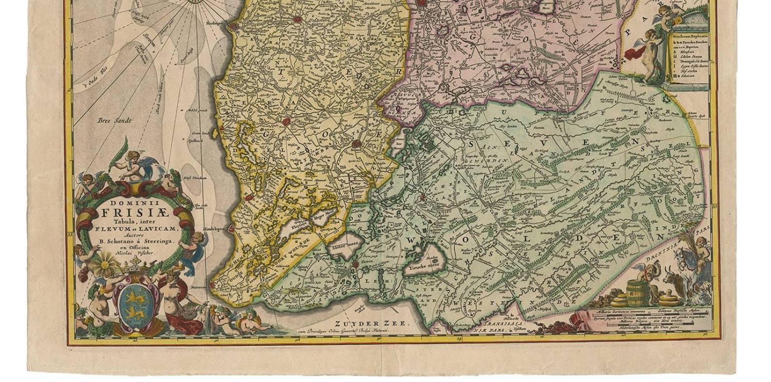 This large copper engraved map details the coastline of Friesland and Terschelling. At east is a part of Groningen. The main cities are colored in red. The very decorative cartouches displays putti and a coat of arms. At the right corner there is an