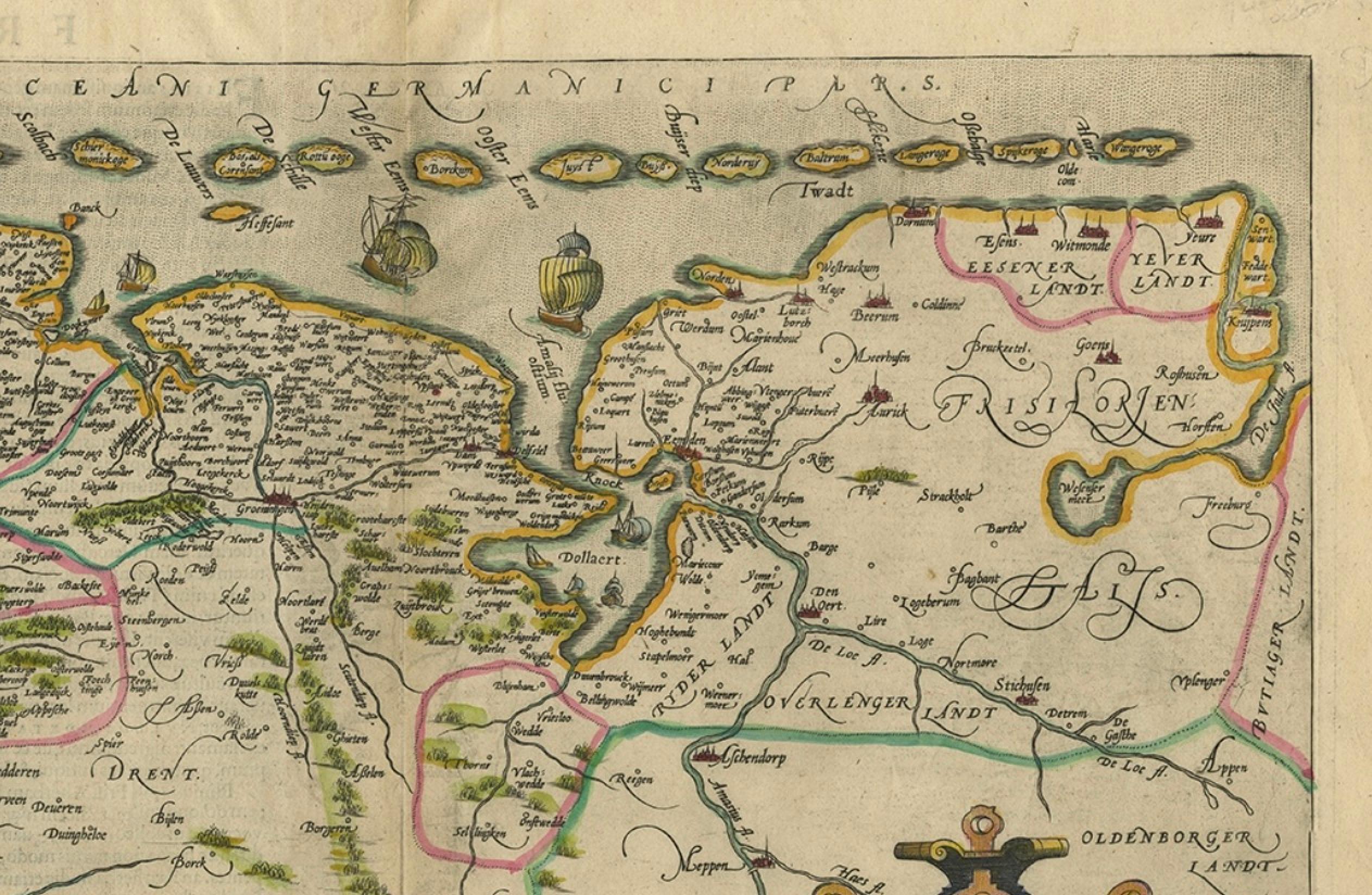 XVIIIe siècle et antérieur Carte ancienne du Friesland avec cartouche élaboré de l'arpenteur Ortelius, vers 1570 en vente
