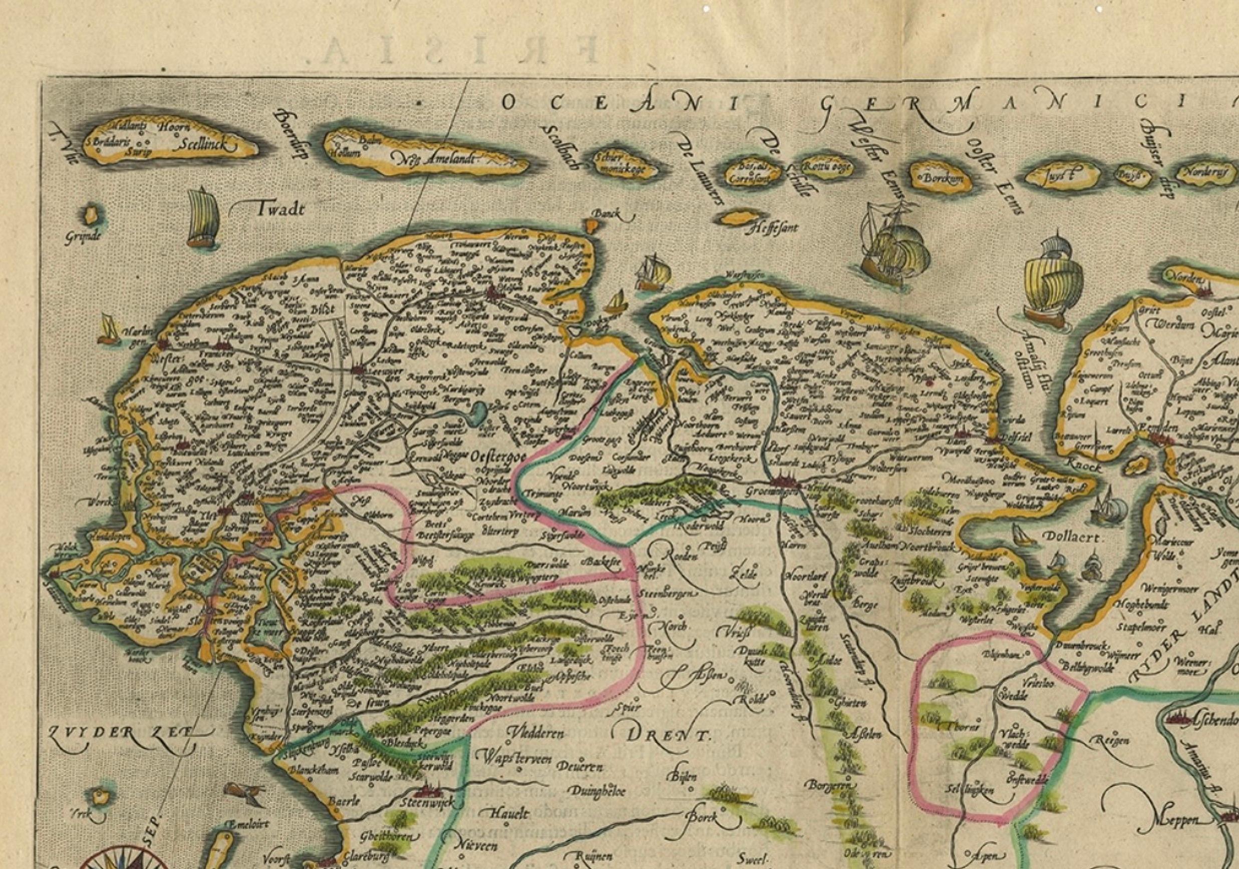 Papier Carte ancienne du Friesland avec cartouche élaboré de l'arpenteur Ortelius, vers 1570 en vente