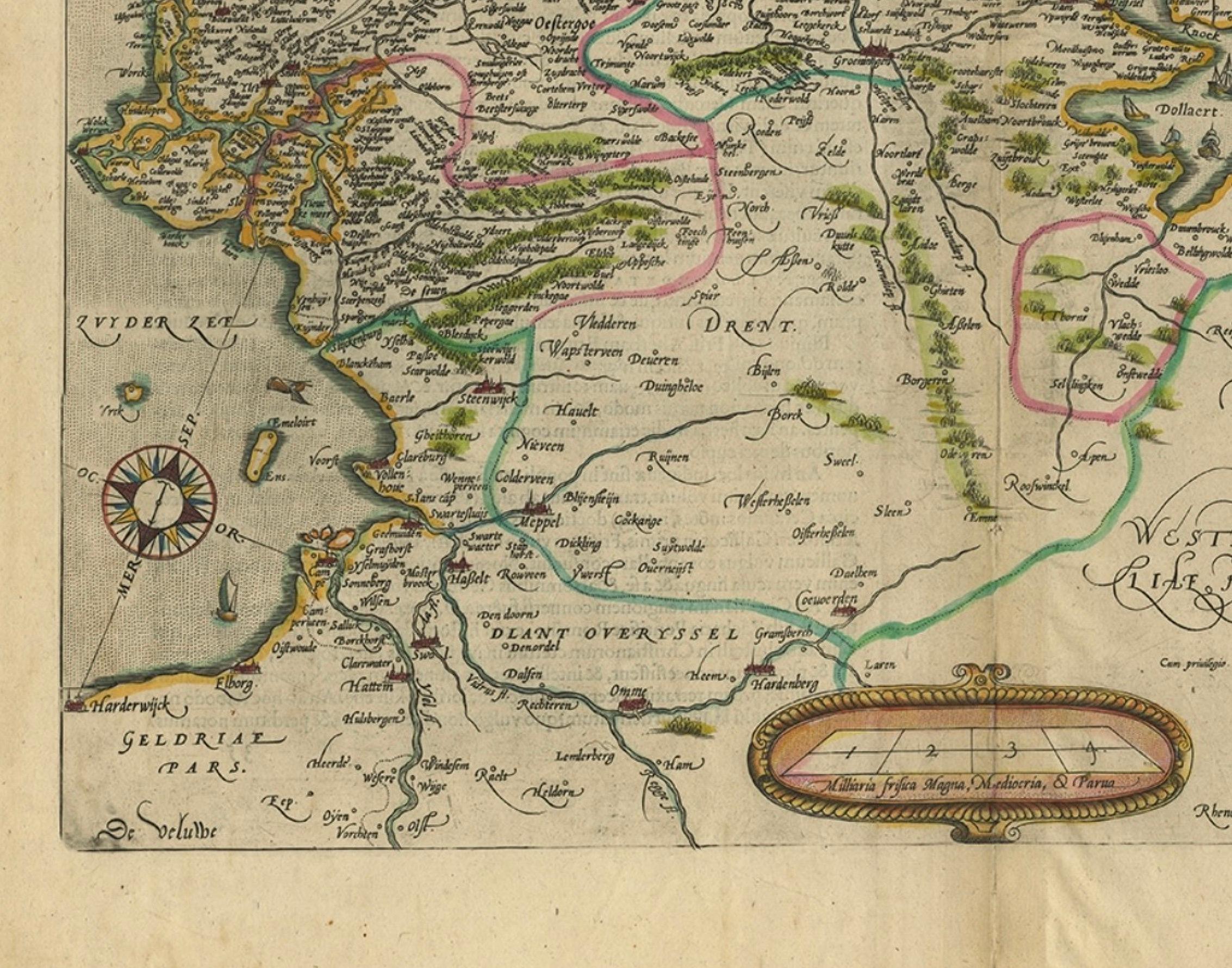Carte ancienne du Friesland avec cartouche élaboré de l'arpenteur Ortelius, vers 1570 en vente 1