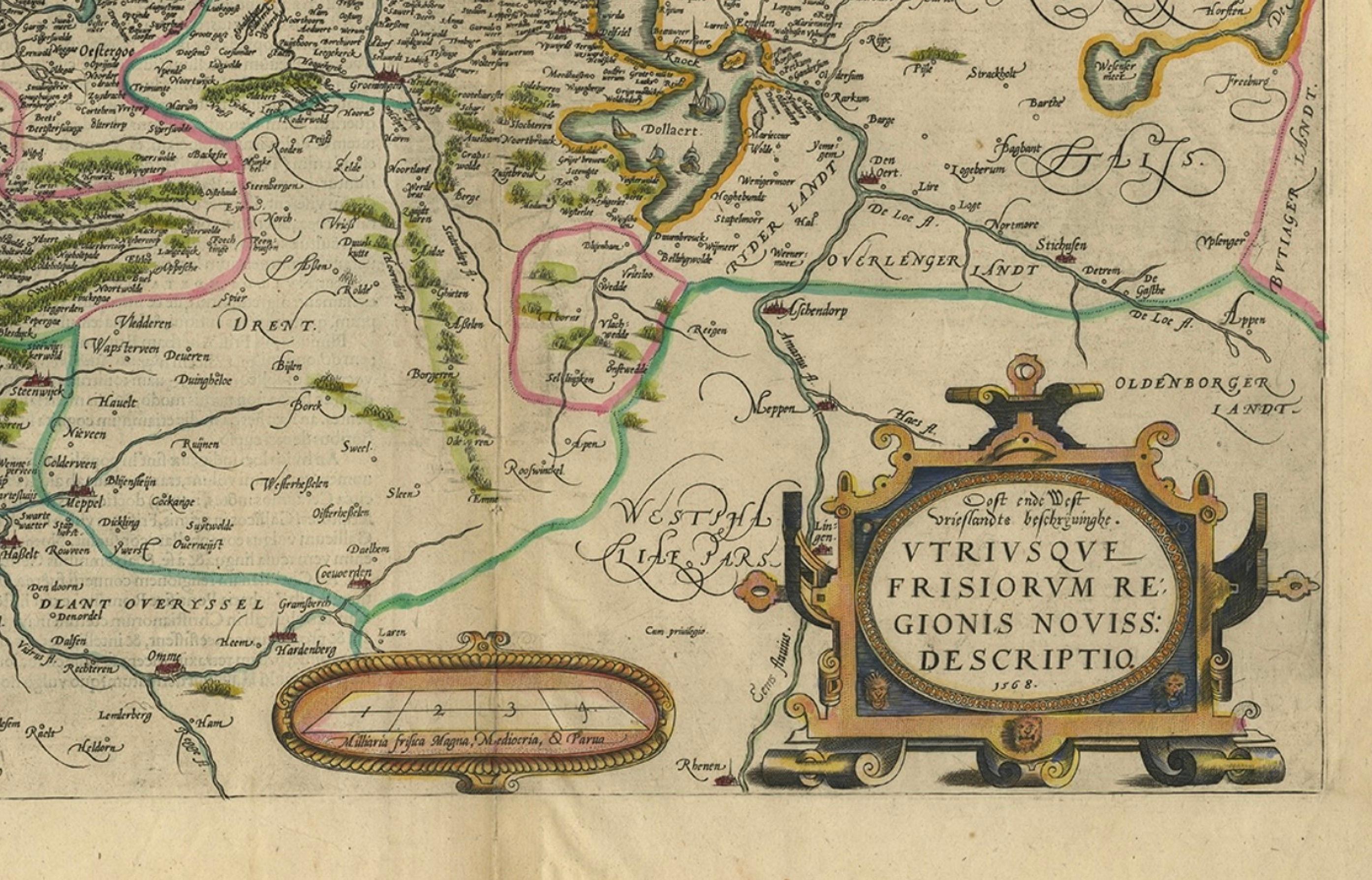 Carte ancienne du Friesland avec cartouche élaboré de l'arpenteur Ortelius, vers 1570 en vente 2