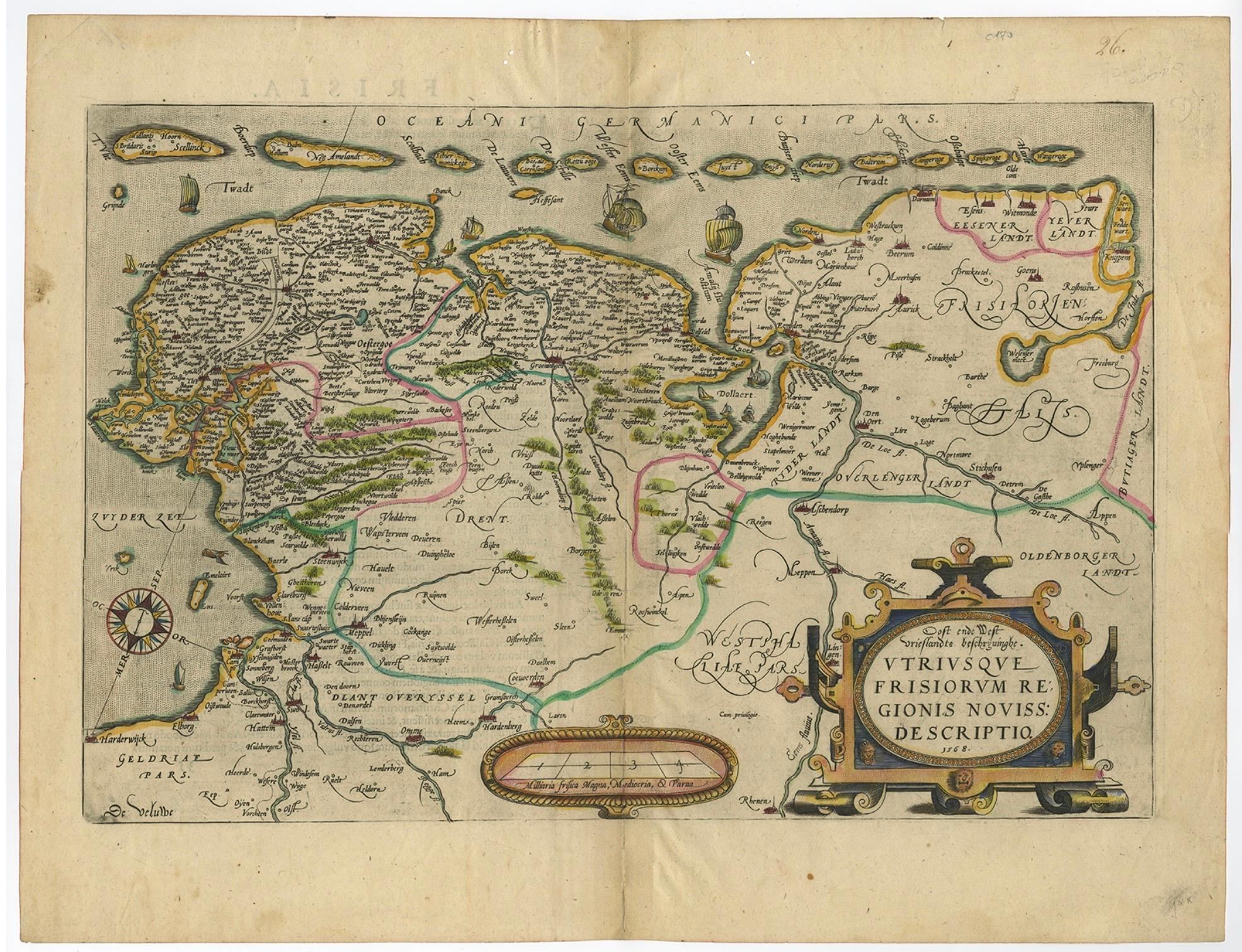 Carte ancienne du Friesland avec cartouche élaboré de l'arpenteur Ortelius, vers 1570 en vente 4