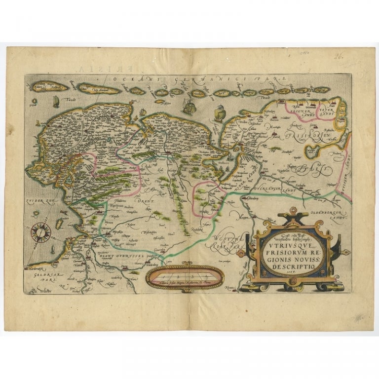 Antique Map of Friesland with Elaborate Cartouche by Mapmaker Ortelius, c.1570 For Sale