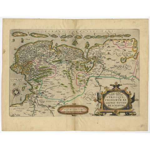Antique Map of Friesland with Elaborate Cartouche by Mapmaker Ortelius, c.1570