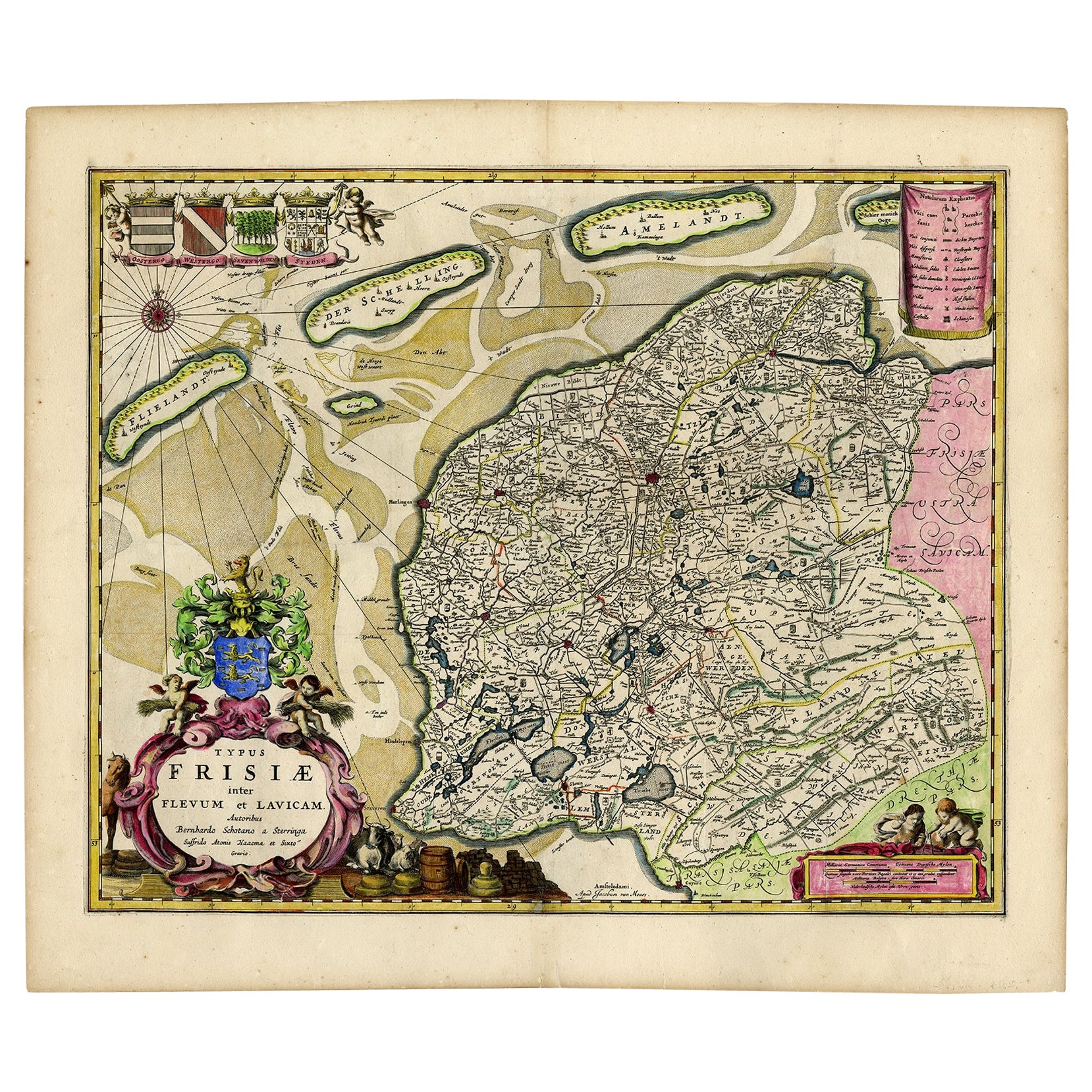 Mapa antiguo de Frisia con cuatro escudos de armas, 1664