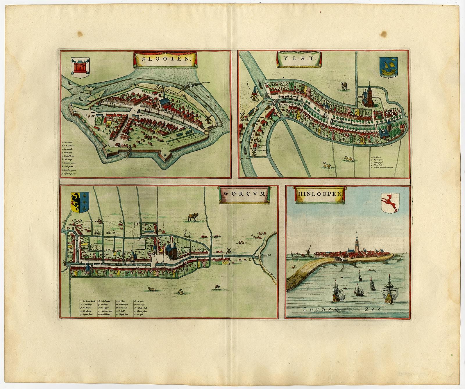 Carte ancienne des villes flamandes Sloten, Ylst, Workum et Hindelopen par Blaeu, 1652 Bon état - En vente à Langweer, NL