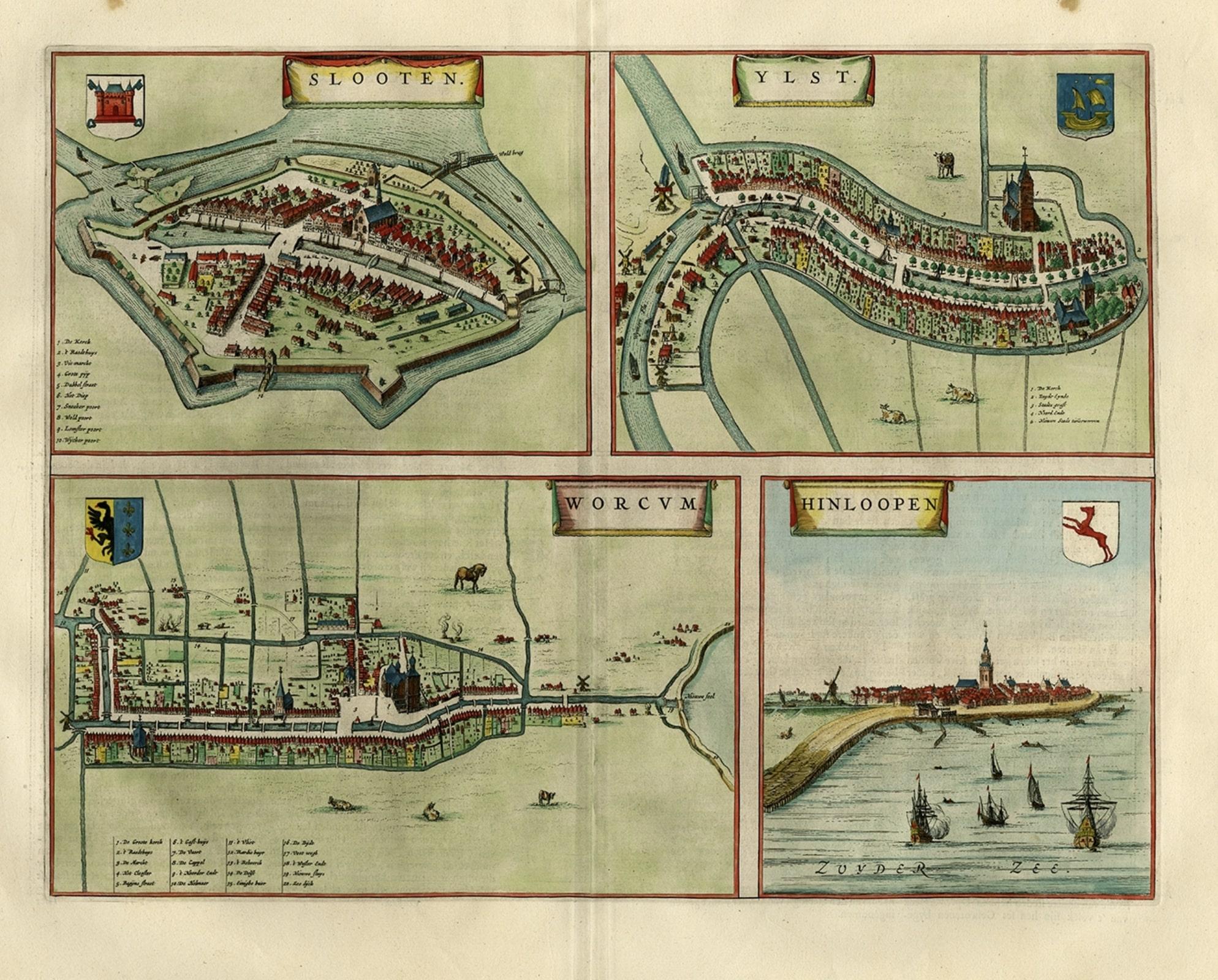 Milieu du XVIIe siècle Carte ancienne des villes flamandes Sloten, Ylst, Workum et Hindelopen par Blaeu, 1652 en vente