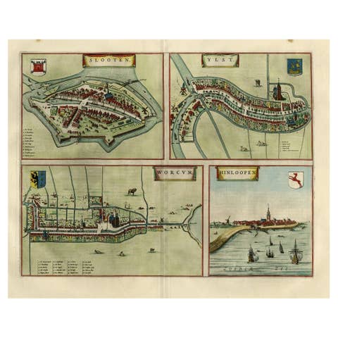 Antique Map of Frisian Cities Sloten, Ylst, Workum and Hindelopen by Blaeu, 1652