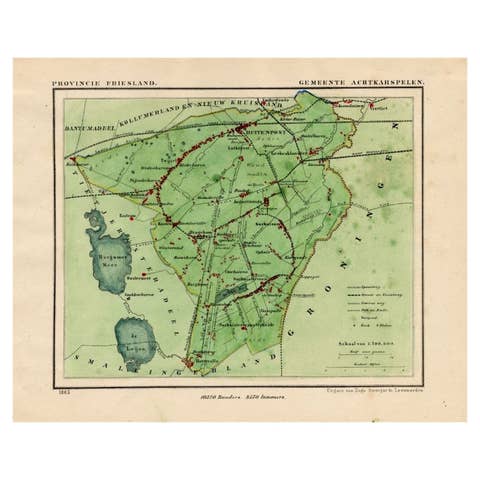 Antique Map of Frisian Municipality of Achtkarspelen in the Netherlands, 1868