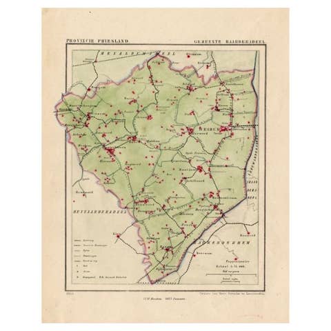 Antique Map of Frisian Township of Baarderadeel in the Netherlands, 1868