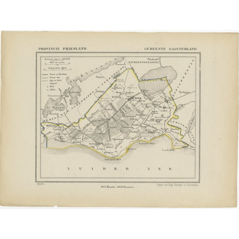 Carte ancienne de Gaasterland, Friesland aux Pays-Bas, 1868