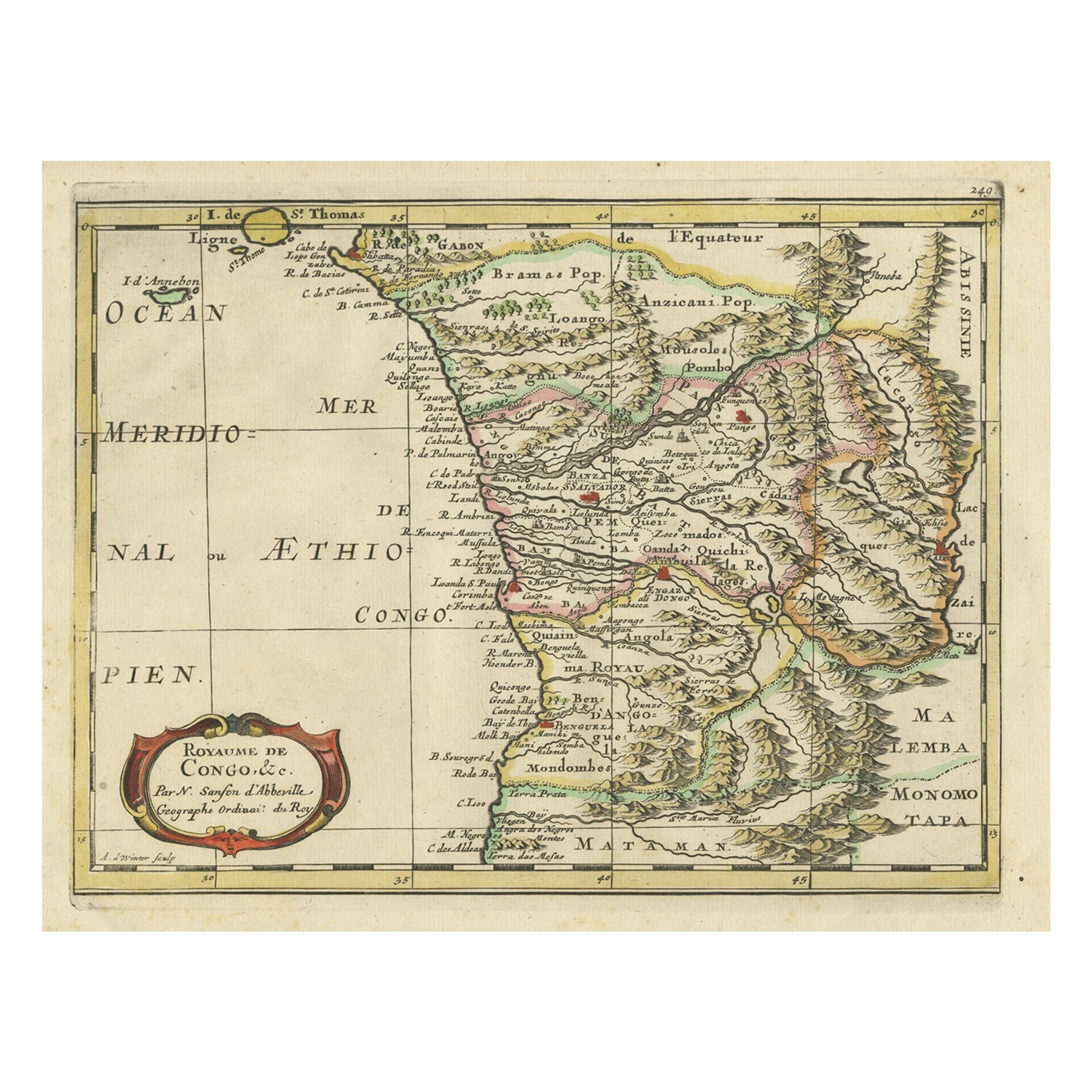 Antique Map of Gabon, Angola and the Congo Region in Africa c.1680 For Sale