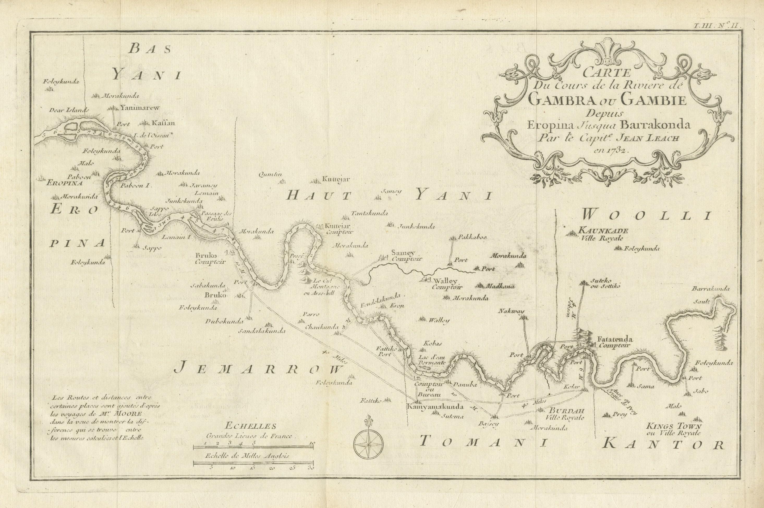 Antique map titled 'Carte du Cours de la Riviere de Gambra ou Gambie (..)'. Detailed map of Gambia, West Africa, surrounded by Senegal with decorative title based on information supplied by Captain John Leach. Engraved by J.N. Bellin. Published