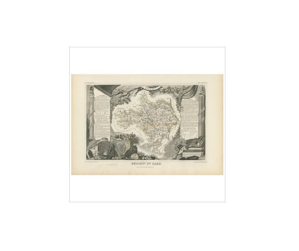 Antique map titled 'Dépt. du Gard'. Map of the French department of Gard, France. This area of France is known mainly for its red wine and production of Bleu des Causses, a soft and savory cheese. The whole is surrounded by elaborate decorative
