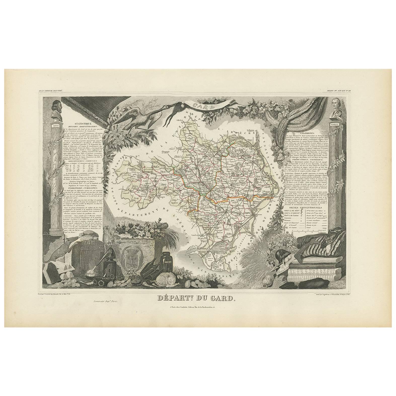 Antique Map of Gard ‘France’ by V. Levasseur, 1854 For Sale