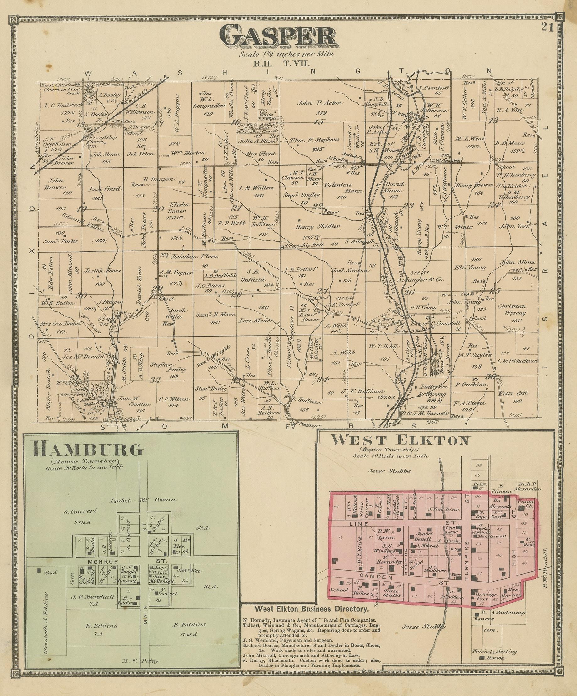 Antique map titled 'Gasper, Hamburg, West Elkton'. Original antique map of villages and communities of Ohio. This map originates from 'Atlas of Preble County Ohio' by C.O. Titus. Published 1871.
