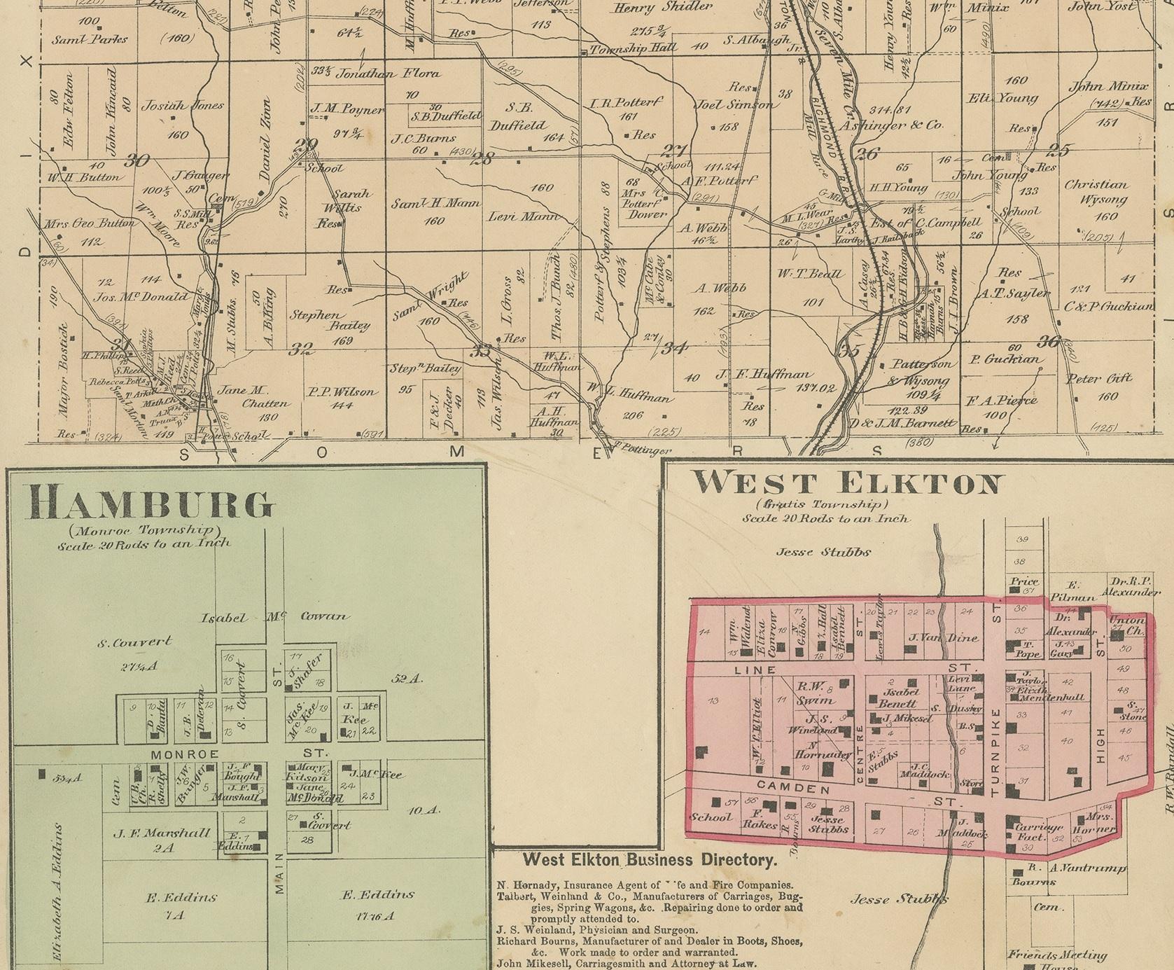 19th Century Antique Map of Gasper, Hamburg and West Elkton, 1871 For Sale