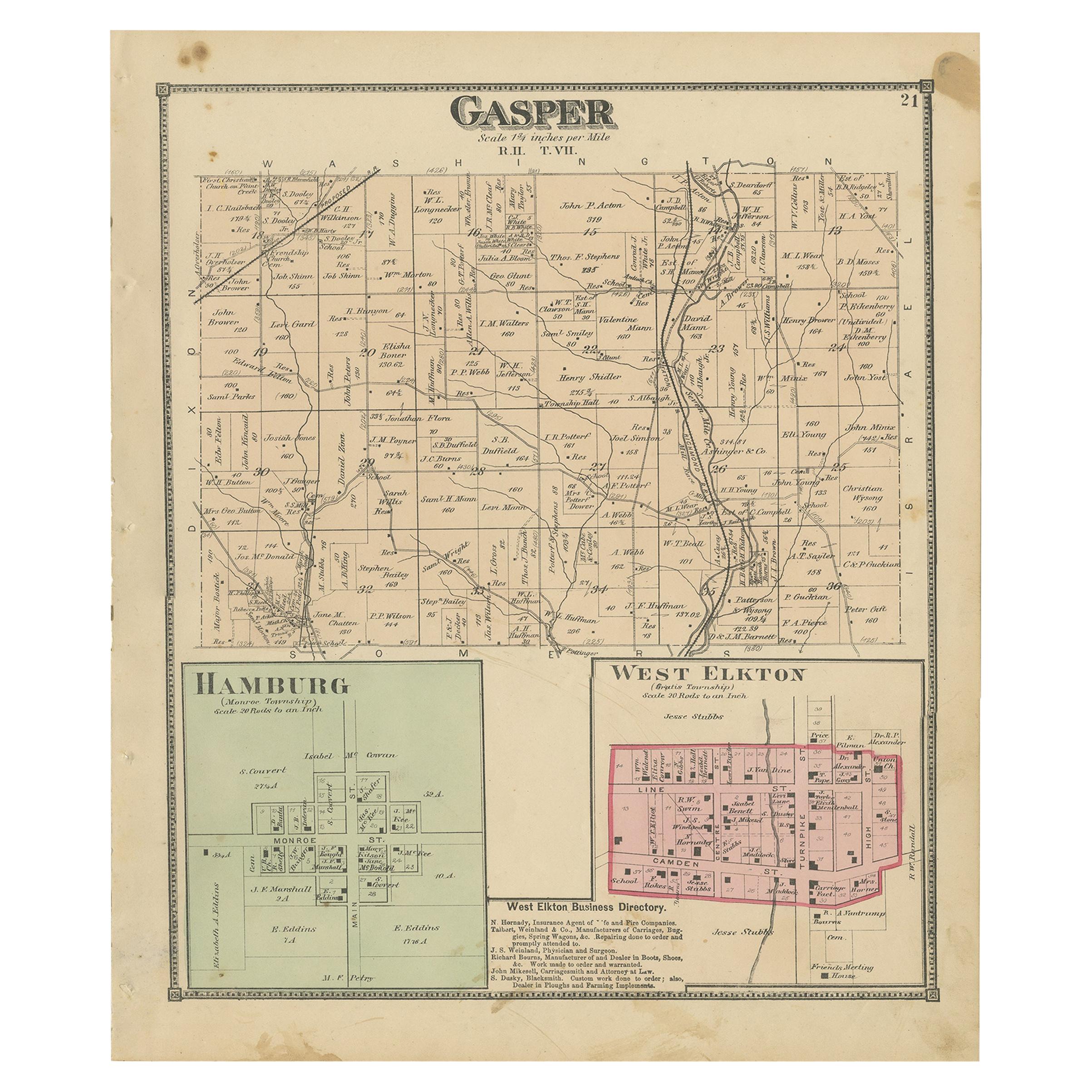 Antique Map of Gasper, Hamburg and West Elkton, 1871 For Sale